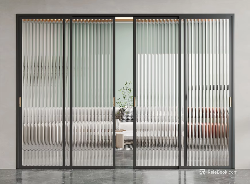 Vertical Striped Glass Sliding Doors with Black Frame in Modern Living Room with Sofa Plant 3d model 