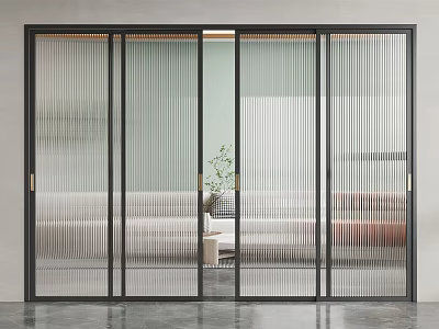 Vertical Striped Glass Sliding Doors with Black Frame in Modern Living Room with Sofa Plant 3d model