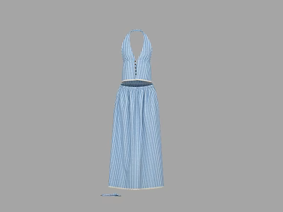 Blue and white striped halter neck dress with cinched waist detail for casual summer wear 3d model