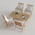 Wooden Outdoor Table with Four Cushioned Chairs Food Drinks and Magazine on Top