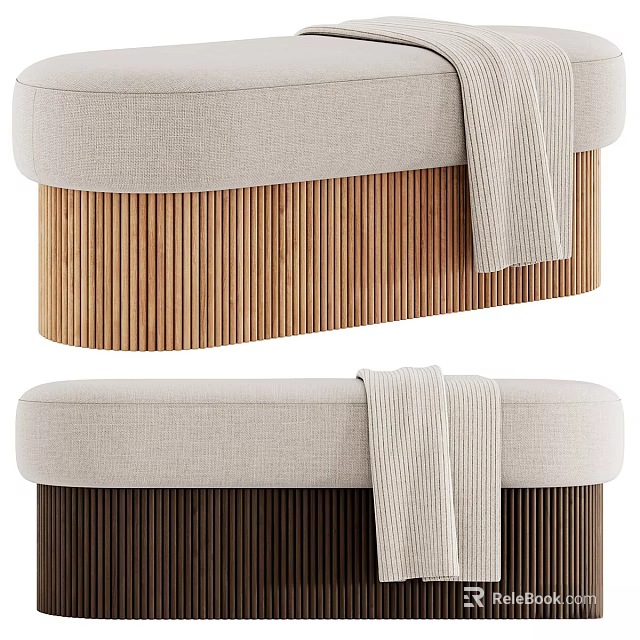 Modern Stool with Beige Cushion Wooden Slat Base and Draped Towel in Light Dark Wood 3d model 