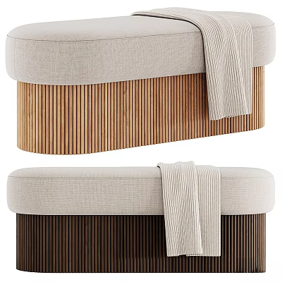 Modern Stool with Beige Cushion Wooden Slat Base and Draped Towel in Light Dark Wood 3d model