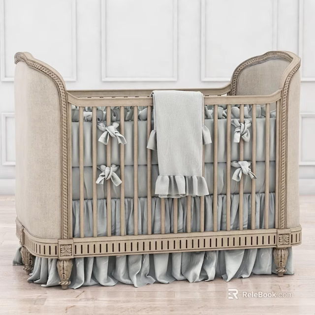 Classic Beige Upholstered Baby Crib With Bow Ties Soft Blanket And Ruffled Skirt 3d model 