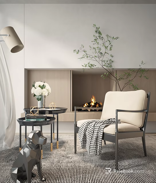 Modern Minimalist Single Sofa with Checkered Blanket Table Vase White Flowers Fireplace Green Plant 3d model 