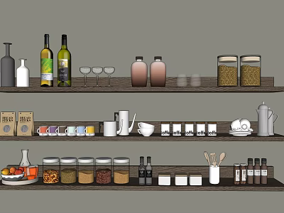 Organized Kitchen Utensils Display On Wooden Shelves With Spice Jars Cups And Bowls 3d model