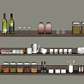 Organized Kitchen Utensils Display On Wooden Shelves With Spice Jars Cups And Bowls