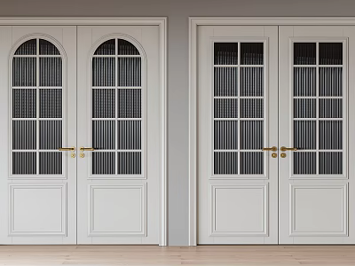 White Double Doors With Arched And Rectangular Pane Design For Interior Space With Golden Handles 3d model