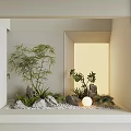 Serene Indoor Landscape With Bamboo Small Plants Rocks Pebbles And Illuminated White Frame