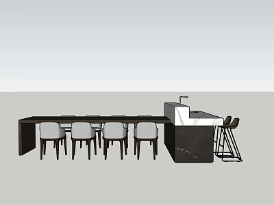 Modern Dining Table Set With Light Chairs Dark Island Sink And Bar Stools 3d model