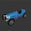 Blue Vintage Open Top Race Car With Black Seats And Silver Wheels On Dark Background
