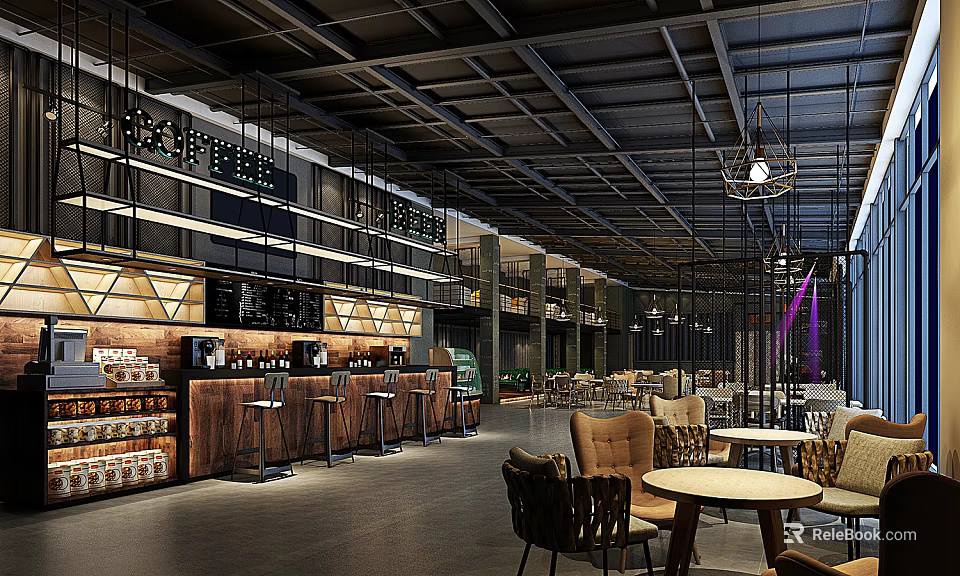 Modern Industrial Bar Interior With Wooden Bar Counter Tables Chairs And Hanging Lights 3d model 
