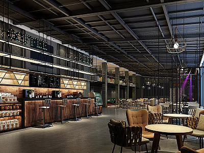Modern Industrial Bar Interior With Wooden Bar Counter Tables Chairs And Hanging Lights 3d model