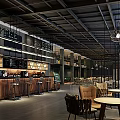 Modern Industrial Bar Interior With Wooden Bar Counter Tables Chairs And Hanging Lights