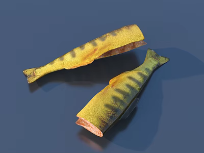 Two Cooked Fish Pieces With Yellow Skin And Dark Striped Patterns On Blue Background 3d model