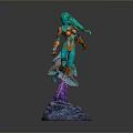 Detailed Fantasy Character Figure With Green Hair Orange Blue Outfit And Purple Blue Base