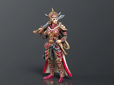 Mythical Warrior Character in Ornate Gold Red Armor with Horned Helmet and Sword 3d model