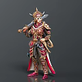 Mythical Warrior Character in Ornate Gold Red Armor with Horned Helmet and Sword