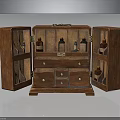 Vintage Wooden Cabinet With Open Doors Drawers And Glass Bottles Inside