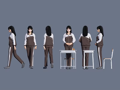 Multiple People In School Uniforms With Various Poses Table And Chair 3d model
