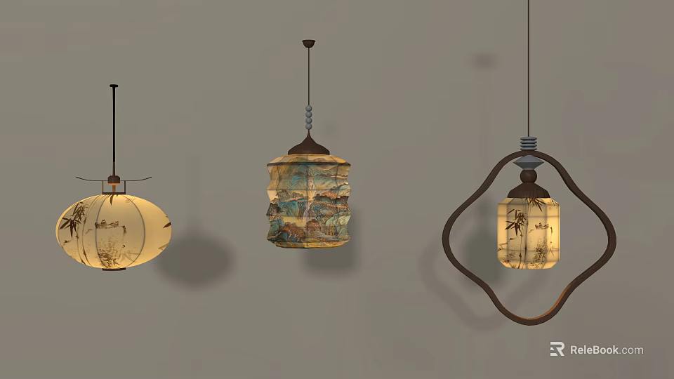 Three Traditional Chinese Style Pendant Lights With Landscape Prints And Wooden Frames 3d model 