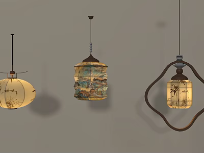 Three Traditional Chinese Style Pendant Lights With Landscape Prints And Wooden Frames 3d model