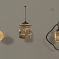 Three Traditional Chinese Style Pendant Lights With Landscape Prints And Wooden Frames