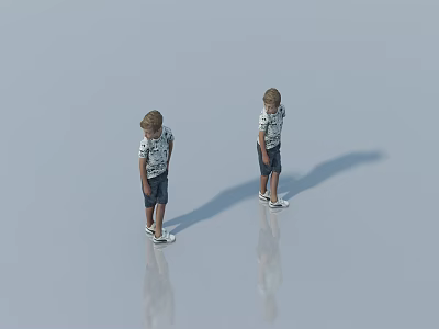 Two Kids Standing In Striped Shirts And Shorts On Shiny Floor With Shadows And Reflections 3d model