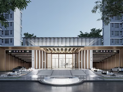 Modern Main Entrance Gate With Glass Doors Steps Trees And High Rise Buildings 3d model
