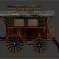 Vintage Caravan Structure With Green Wooden Walls Tiled Roof And Wooden Wheels