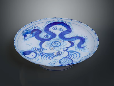 Traditional Chinese Blue and White Porcelain Plate with Dragon Cloud Wave Patterns 3d model