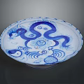 Traditional Chinese Blue and White Porcelain Plate with Dragon Cloud Wave Patterns