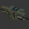 Sci Fi Weapon Model With Multi Barrel Mechanical Design Gray Green And Blue Stripes 3d model