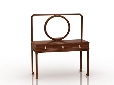 Elegant Chinese Wooden Dressing Table Featuring Round Mirror And Golden Handle Drawers 3d model
