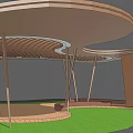 Wooden Pergola With Wavy Roof And Support Columns On Grass Platform