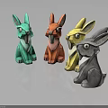 Colorful Rabbit Figurines in Green Red Yellow and Gray on Reflective Surface