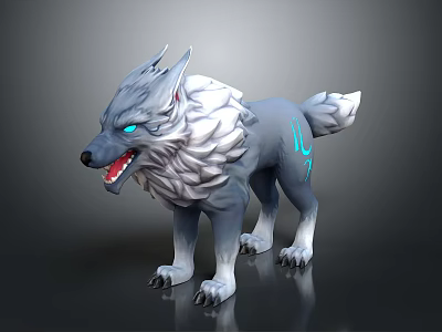 3D Model Of Mythical Gray Wolf With White Fur Blue Eyes And Glowing Blue Patterns 3d model