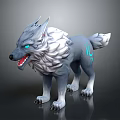 3D Model Of Mythical Gray Wolf With White Fur Blue Eyes And Glowing Blue Patterns