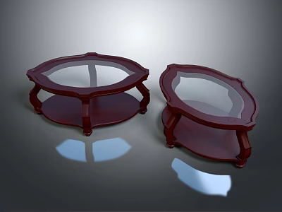 Pair of Round Wooden Coffee Tables With Glass Top And Elegant Curved Base Design 3d model