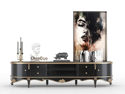 Elegant TV Stand With Candle Holders Statue Rhinoceros Figurine Books And Abstract Portrait Painting 3d model