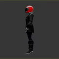Motorcycle Rider Dressed in Red and White Helmet Black Jacket and Boots Outfit