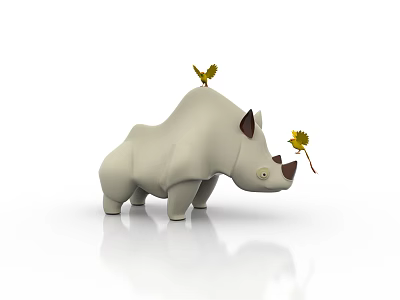 Adorable White Rhinoceros Stuffed Toy With Yellow Bird On Back And Yellow Flower On Nose 3d model