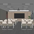 Modern Conference Room Interior With Meeting Tables Chairs Projection Screen Large Windows And Potted Plant