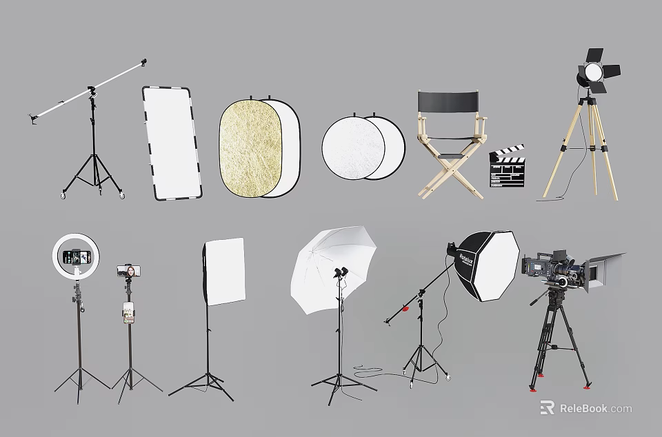 Essential Photography Filming Equipment Including Light Stands Reflectors Director's Chair Clapperboard And Tripod 3d model 