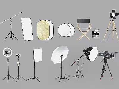 Essential Photography Filming Equipment Including Light Stands Reflectors Director's Chair Clapperboard And Tripod 3d model
