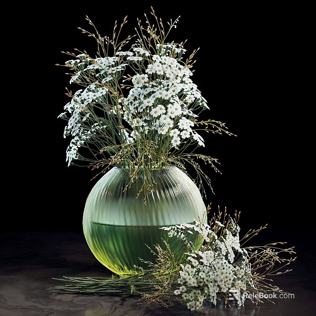 Green Glass Vase With White Small Flowers And Slender Branches On Black Background 3d model 