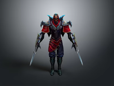 Man In Ornate Red And Blue Armor Holding Dual Swords Standing Pose 3d model