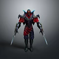 Man In Ornate Red And Blue Armor Holding Dual Swords Standing Pose