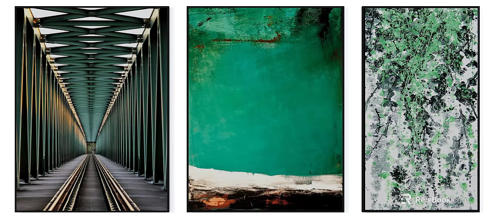 Modern Abstract Triptych Art with Green Tones Metal Corridor and Textured Backgrounds 3d model 
