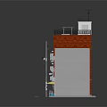 Cartoon Scene of Multi Story Building with Red White Facade Shops Windows and Rooftop Antennas