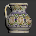 Colorful Earthenware Jug With White Base Green Purple Yellow Decorative Patterns On Black Background